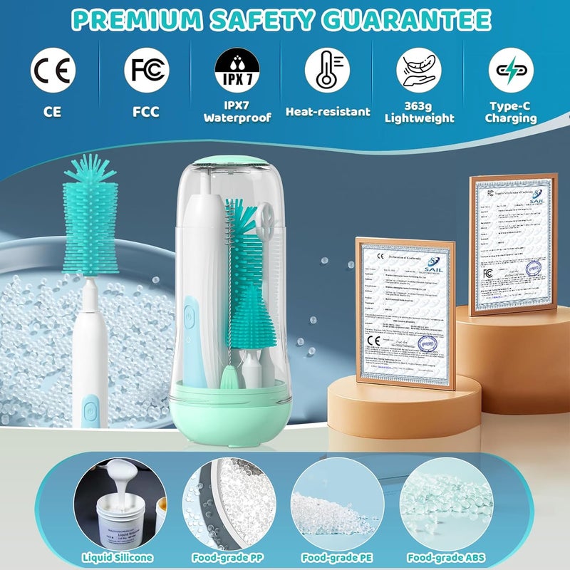 IvyWind Electric Travel Baby Bottle Brush Set with Storage Box, Automatic Bottle Cleaner Brush Kit with Silicone Bottle/Nipple/Straw Brush, Milk Frother Electric and Drainage Rack, Rechargeable, Green - Image 4